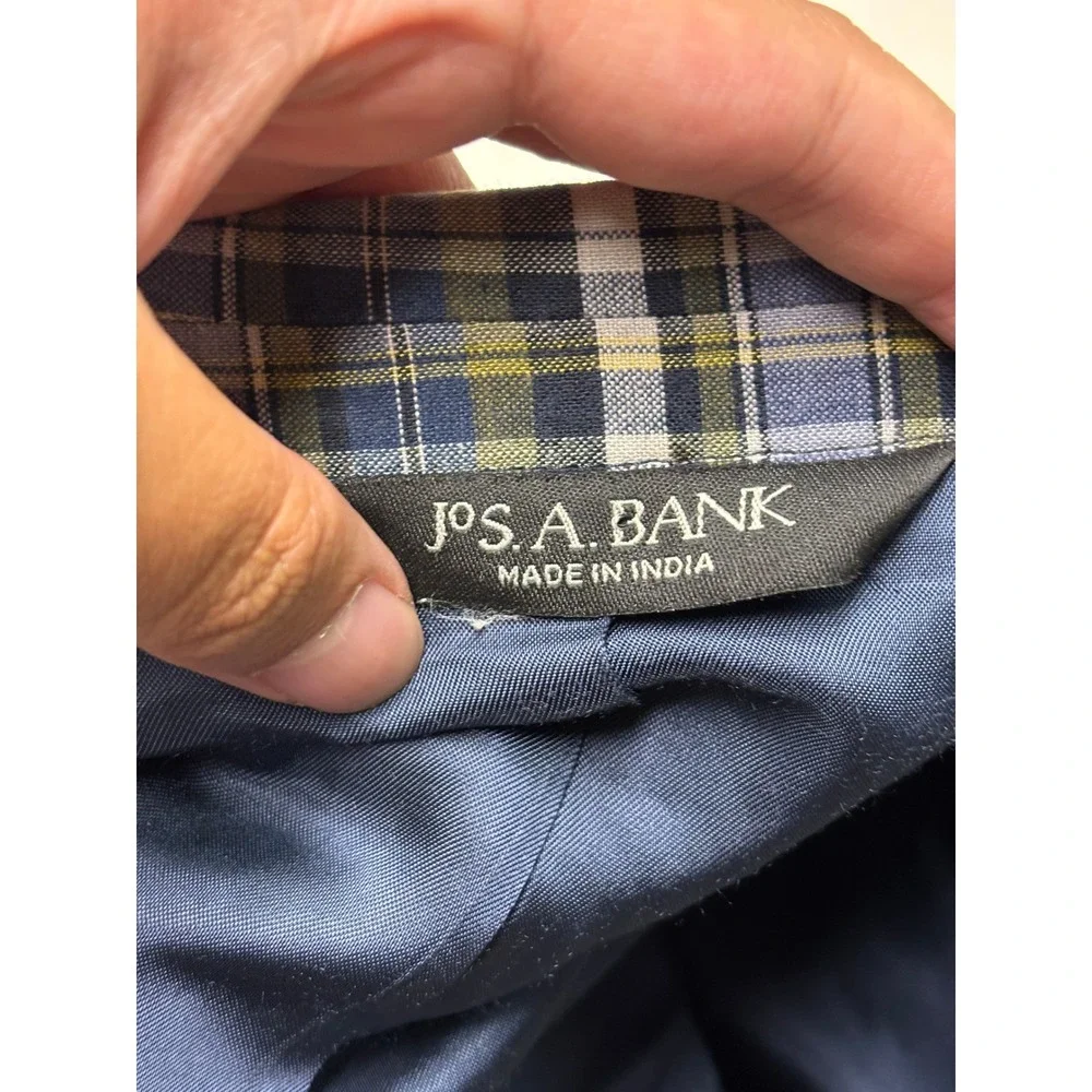 Jos A Bank Mens 44S Plaid Sport Coat Blue Green White 100% Cotton Blazer